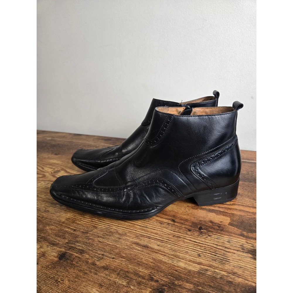 Marc Ecko Wingtip Ankle Boots Mens 7.5 Black Leather Square Toe Side Zip Brogue
